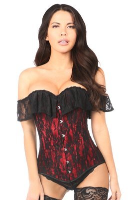 Off Shoulder Black Lace over Red Satin Corset