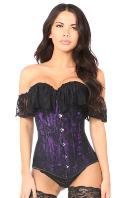 Off Shoulder Black Lace over Purple Satin Corset