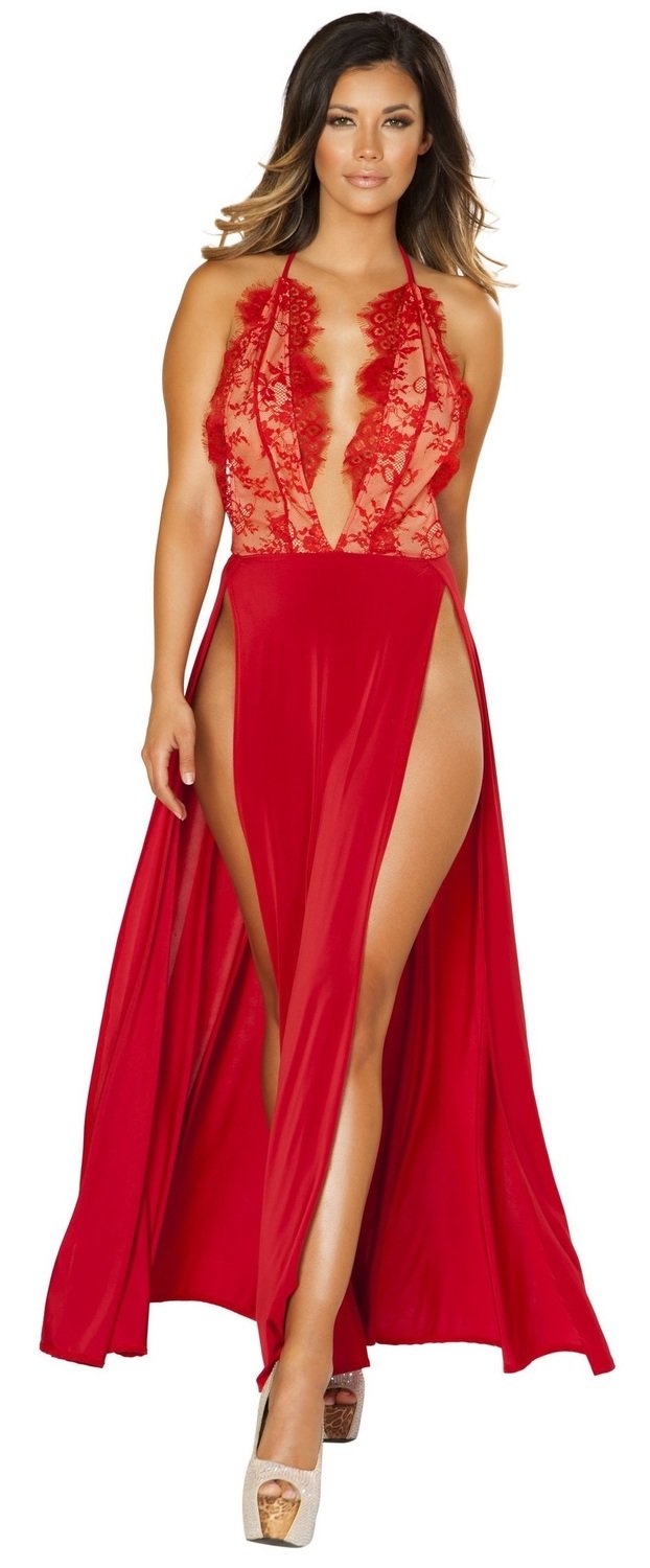 Red Deep cleavage Velvet Lace Gown w extremely high side slits Dress