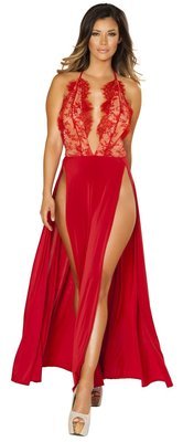 Red Deep cleavage Velvet Lace Gown w extremely high side slits Dress