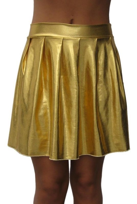 Gold wet look liquid foil pleated mini skirt