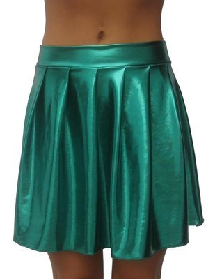 Kelly Green wet look liquid foil pleated mini skirt