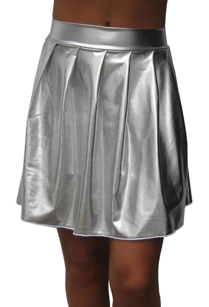 Silver wet look liquid foil pleated mini skirt