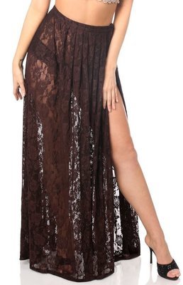 Dark Brown Long Lace skirt with High slit