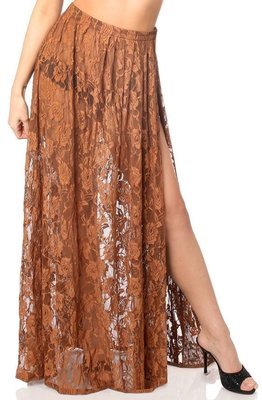 Brown Long Lace skirt with High slit