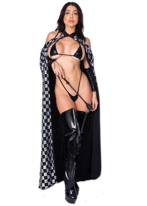 Silver Sequins w Black Mesh Cowl Cape Stripper robe
