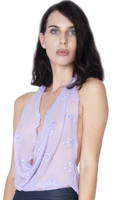Lavender Print mesh Sheer Drape top