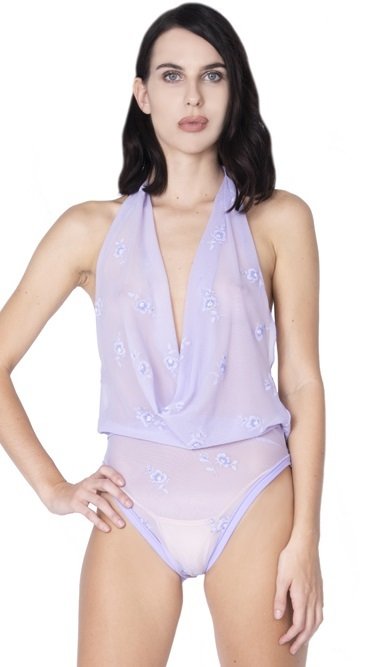 Lavender Print mesh Sheer Drape Bodysuit