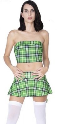 School girl Tube top w Flair Mini Skirt in Modern Green Plaid