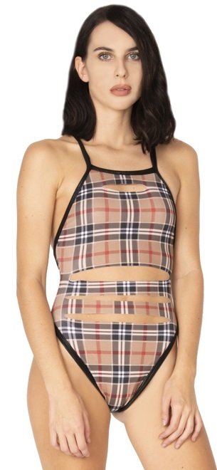 School girl Scrunch Bottom Bodysuit in Modern Tan Plaid