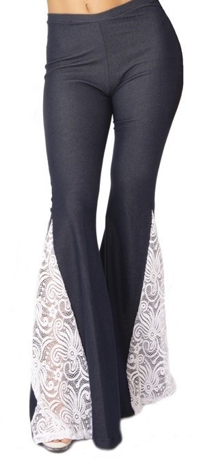 Blue Stretch Denim Bell Bottom Pant w white lace