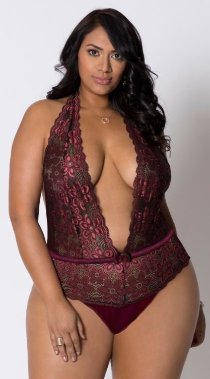 Plus size Deep V Cleavage Teddy Lingerie Dark Red w Black Lace