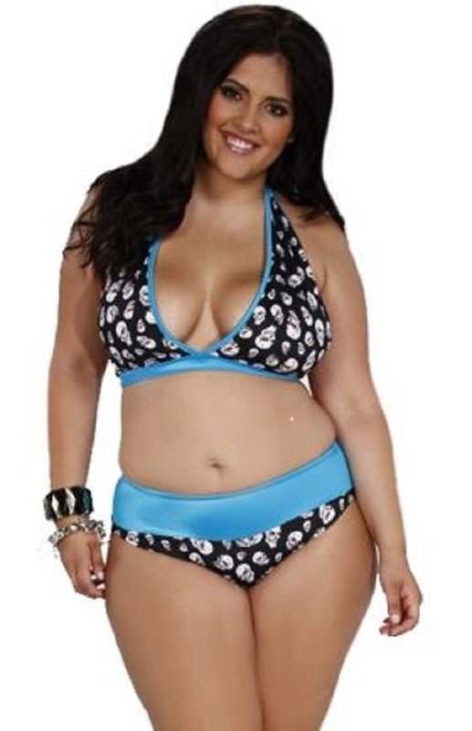 Plus size Full Coverage Bikini tie back Black Skulls Turquoise