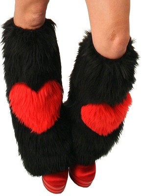 Black Furry Leg warmers w red Heart for Valentine's Day