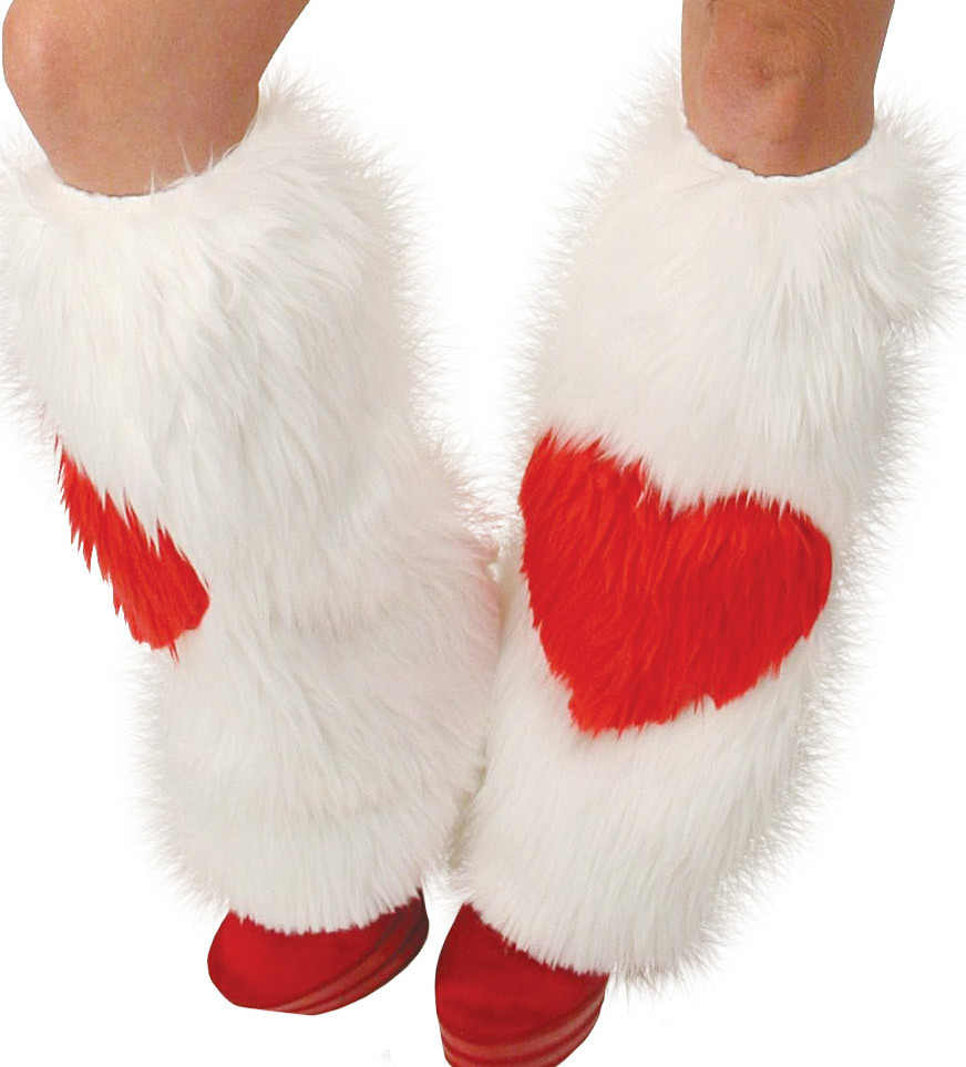 White Furry Leg warmers w red Heart for Valentine's Day
