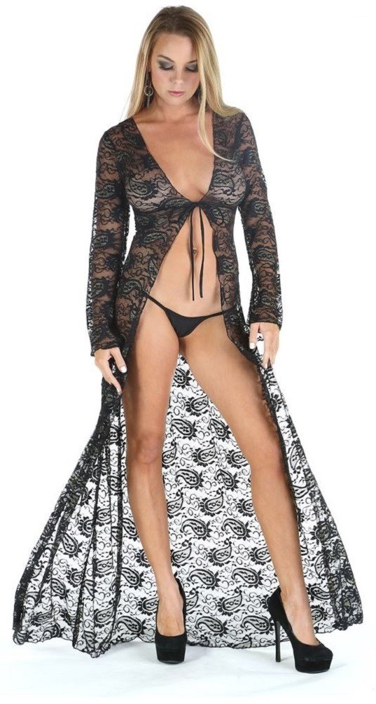 Black Paisley Lace Sexy Long stretch Lace Robe