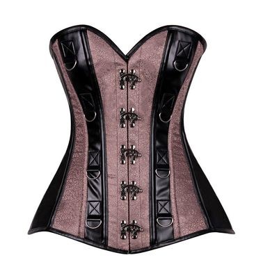 Plus size Black Faux Leather Gunmetal Brocade Striped Steel Boned Corset