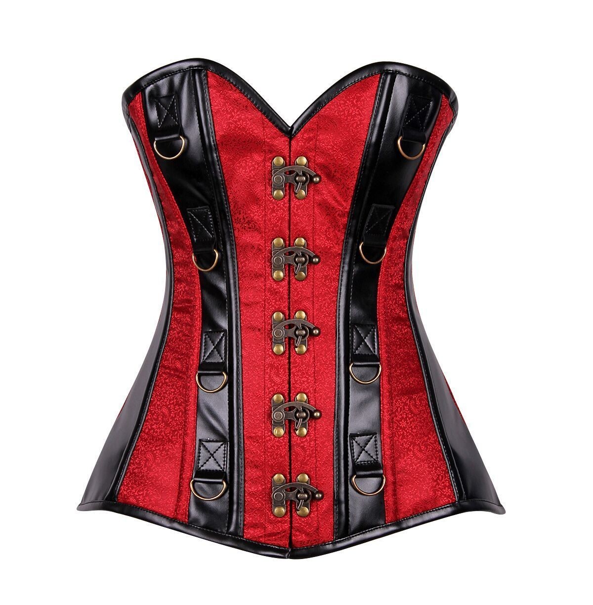 Plus size Black Faux Leather Red Brocade Striped Steel Boned Corset