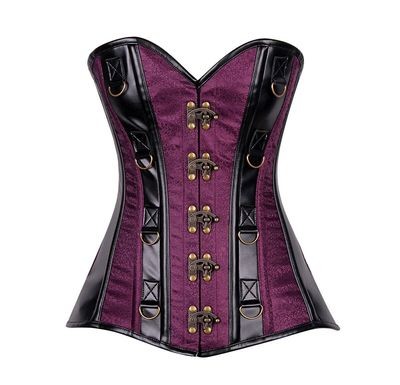 Plus size Black Faux Leather Plum Brocade Striped Steel Boned Corset