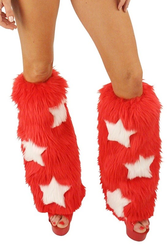 Red w white Stars Furry fuzzy Leg warmers Patriotic American Flag