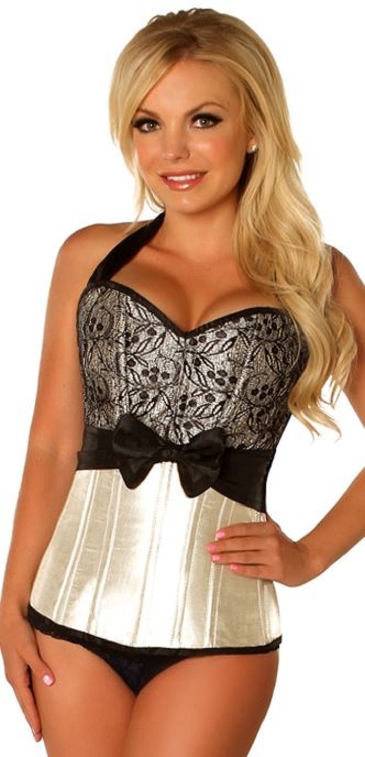 Plus size Ivory Halter Corset w Black Lace 5X Clearance Sale