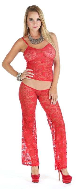 Lace Extreme Low rise palazzo legging w camisole Red