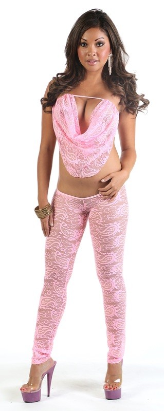 Lace scrunch bottom legging w cowl lace tube top Baby Pink