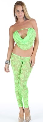 Lace scrunch bottom legging w cowl lace tube top Lime