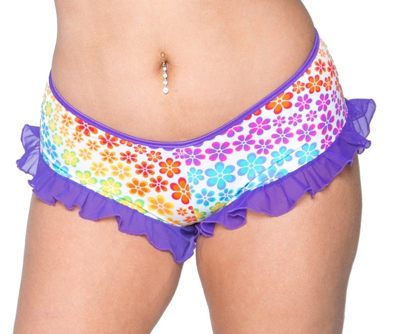 Plus size Booty Short ruffles Unlined White Multi Daisy Purple