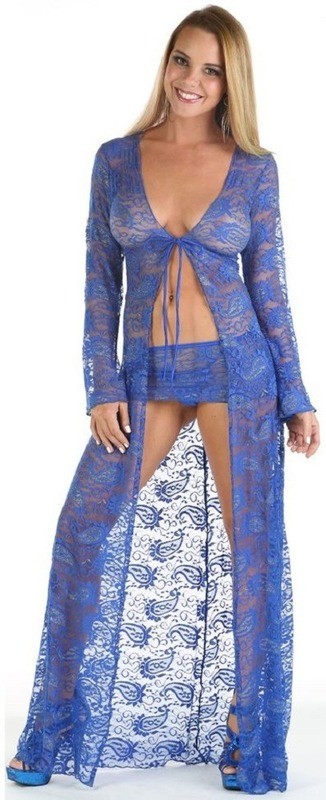 Royal Blue Paisley Lace Sexy Long stretch Lace Robe