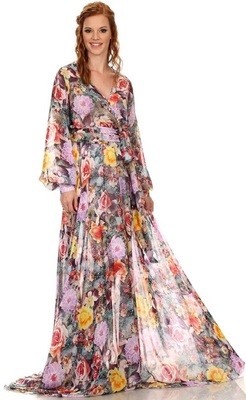 Faux Wrap Chiffon Long Maxi Dress Gown Multi Color Roses