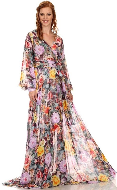 Faux Wrap Chiffon Long Maxi Dress Gown Multi Color Roses