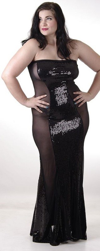 Plus size Sequins w Mesh Long tube dress Black