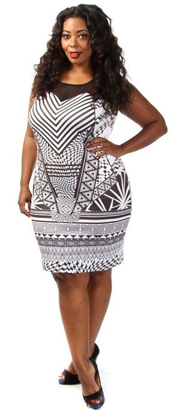 Plus size Aztec Goddess Print sexy midi dress White Black 1x-3x Clearance Sale
