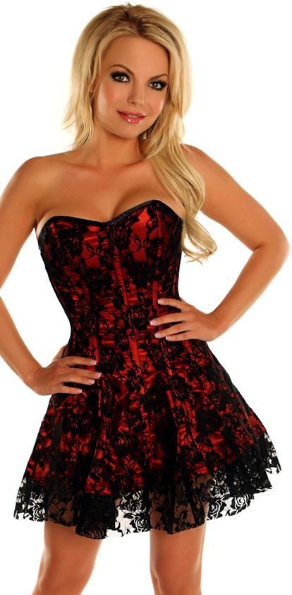 Red Corset dress with Black Lace Overlay