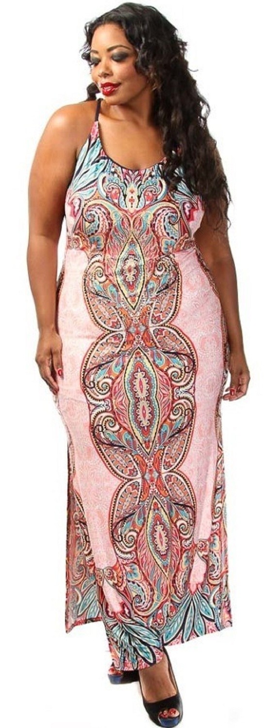 Plus size Aztec Goddess Print sexy long maxi dress Pink 1x-3x Clearance Sale