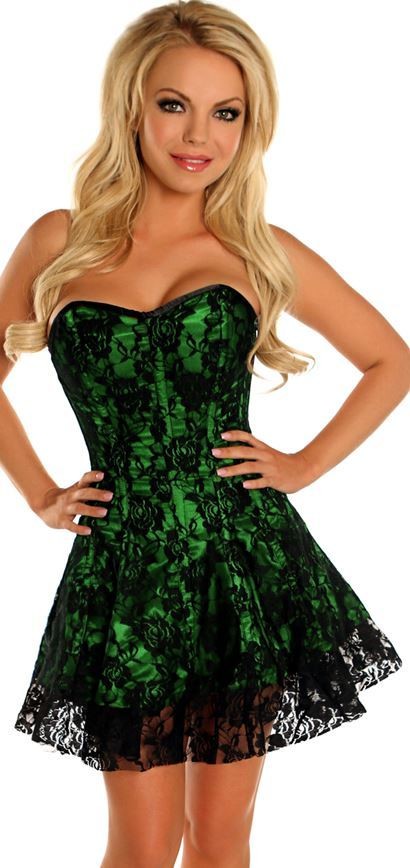 Emerald Green Strapless Corset dress with Black Lace Overlay