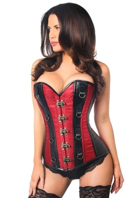 Black Faux Leather Red Brocade Striped Steel Boned Corset