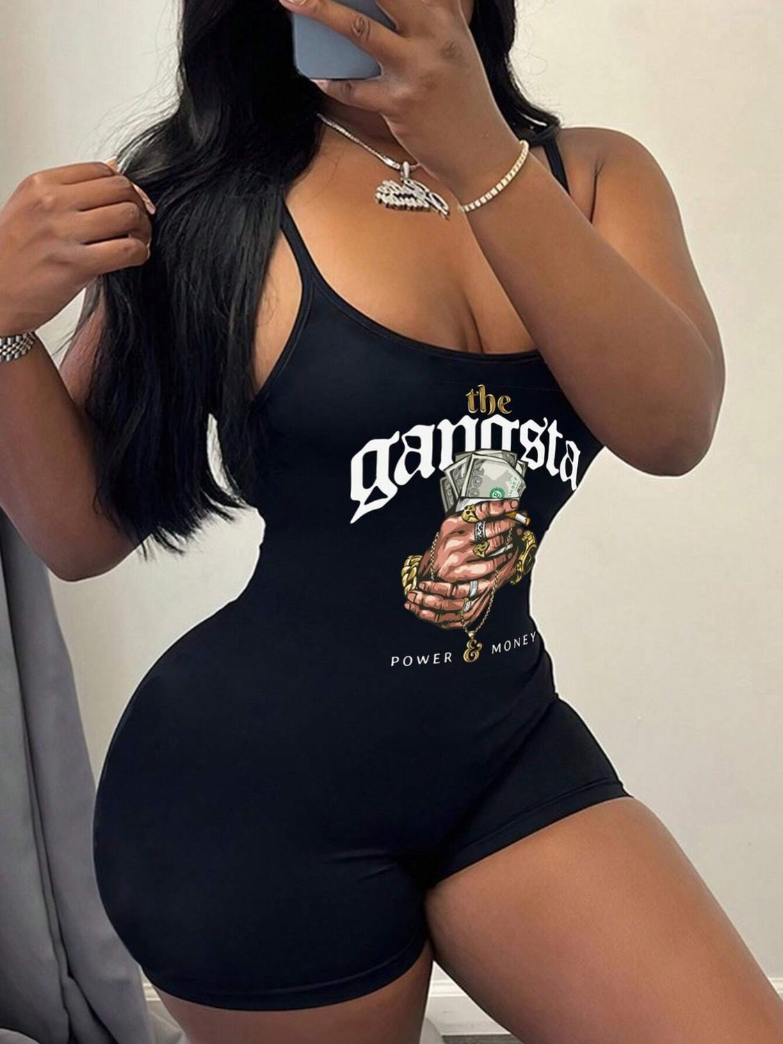 Women Black One-Piece Sleeveless Casual Short Jumpsuit With Dollar Bill Pattern, Suitable For Summer