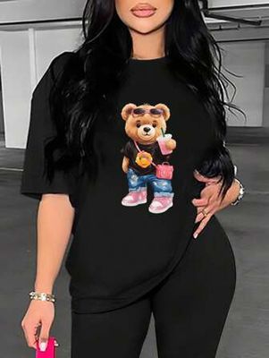 Women Summer Cartoon Bear Printed Round Neck Short Sleeve Casual T-Shirt Graphic Tees Women Tops