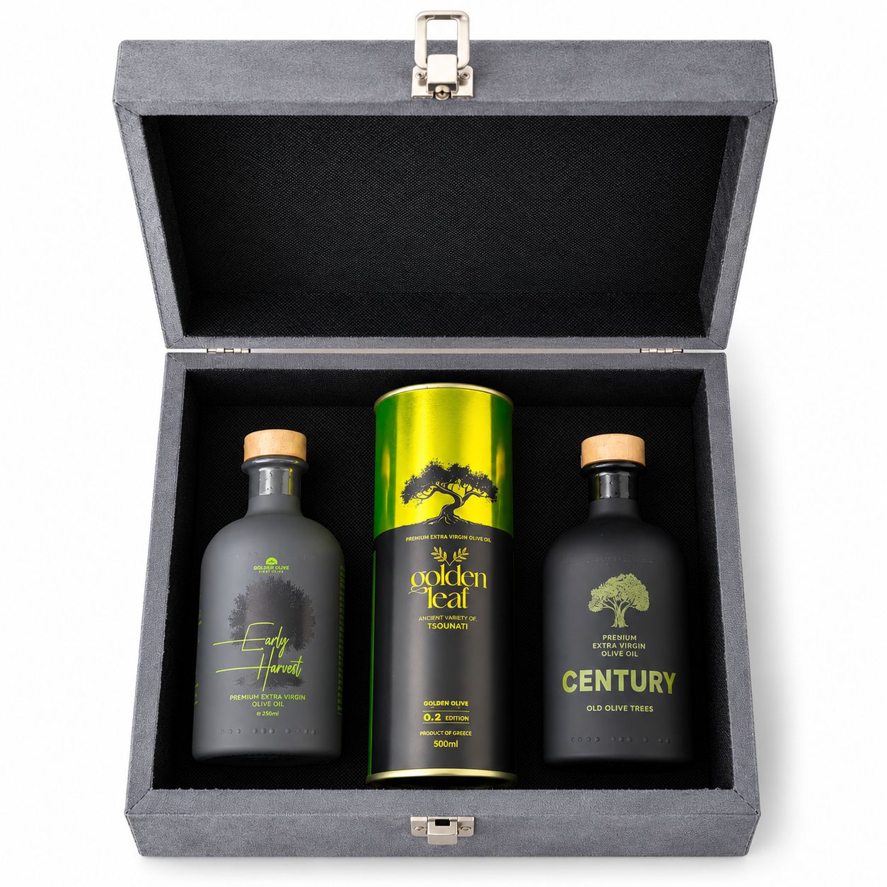 Golden Olive Premium-Olivenöl-Geschenkbox – Early Harvest, Golden Leaf &amp; Century | 3 Olivenöle