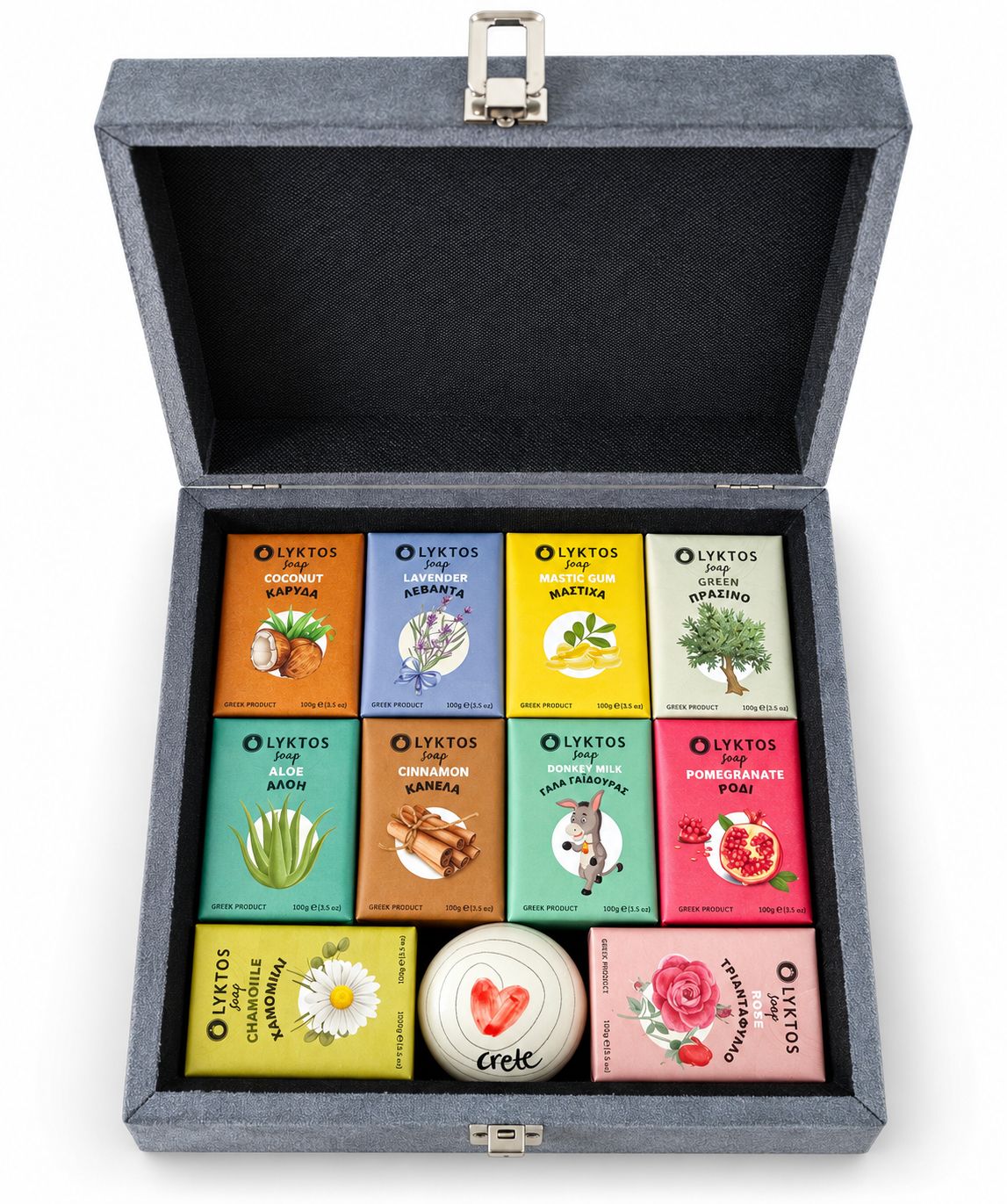 LYKTOS Griechische Seifen-Geschenkbox – 10 × 100g Seifen &amp; handbemalter Dekostein