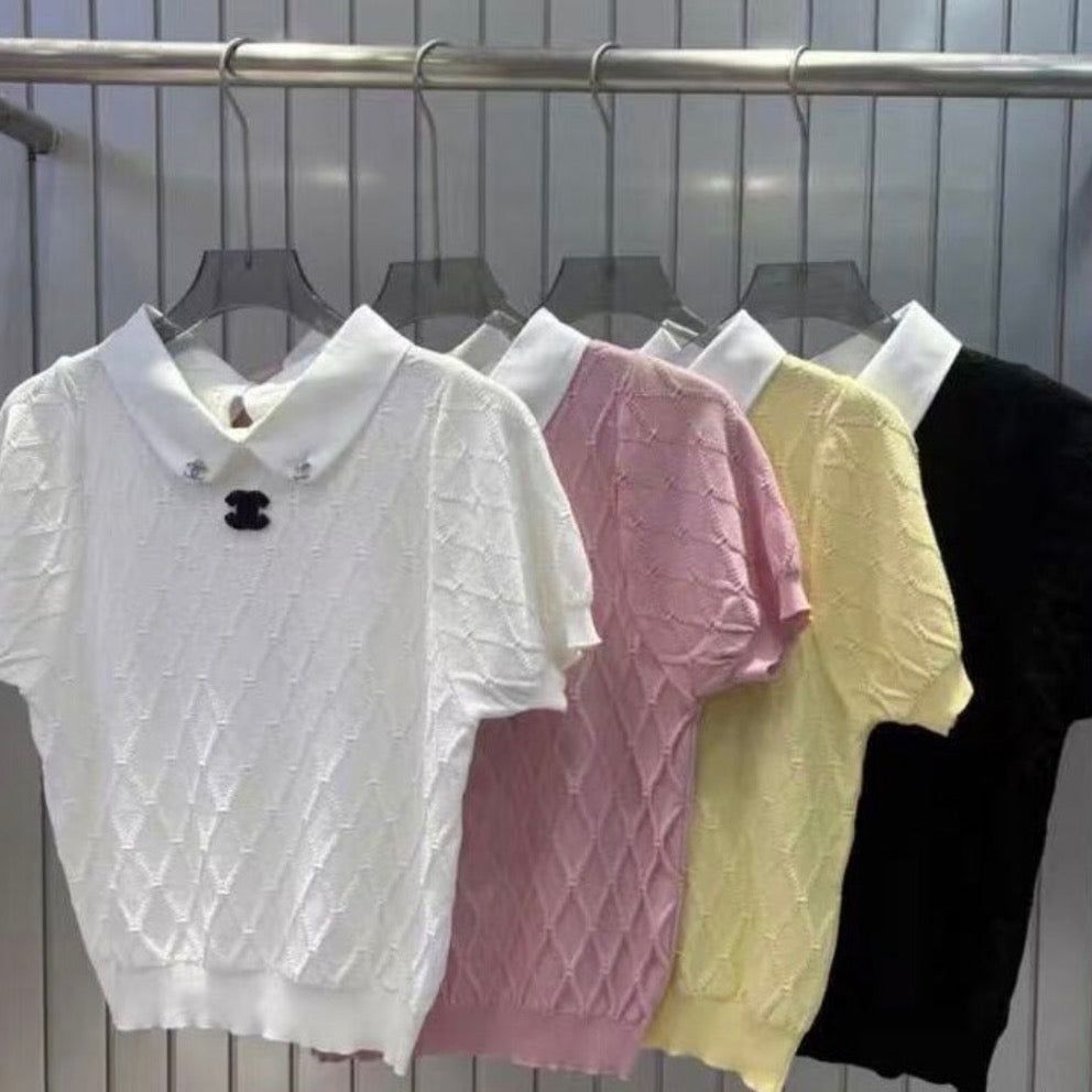 CC Diamond Collar Short Sleeve Knit Top