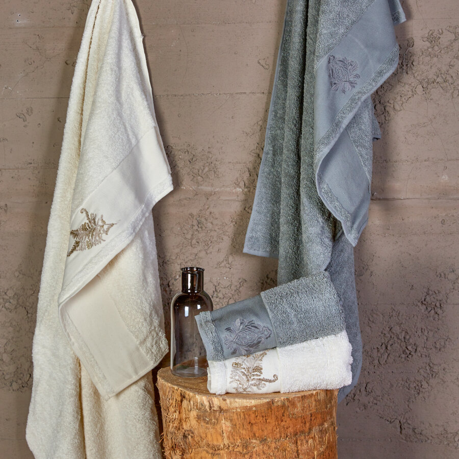 KARACA Home Fronda Offwhite Gray Silvery Embroidered Bath Set