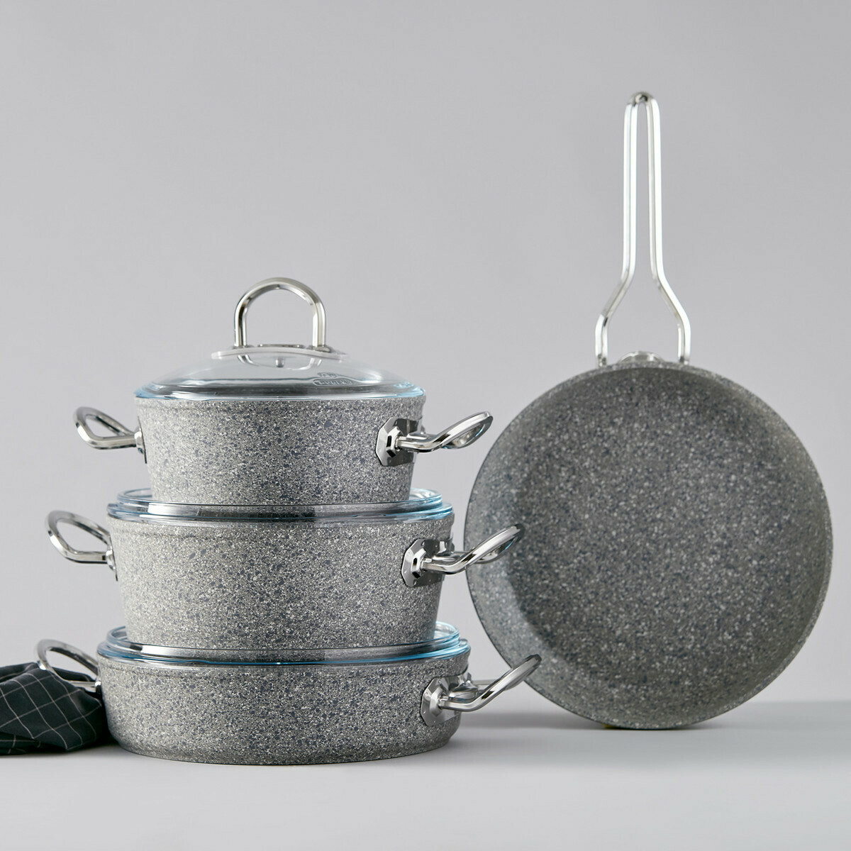 KARACA Silver Stone Bio Granit Metal Handle 7 Pieces Induction Safe Cookware