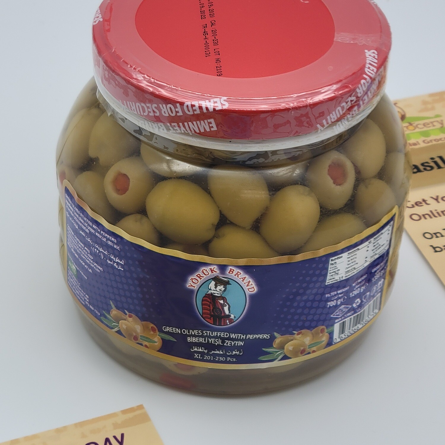 YORUK Brand Green Olives Stuffed With Red Peppers - Seedless Xl 700g