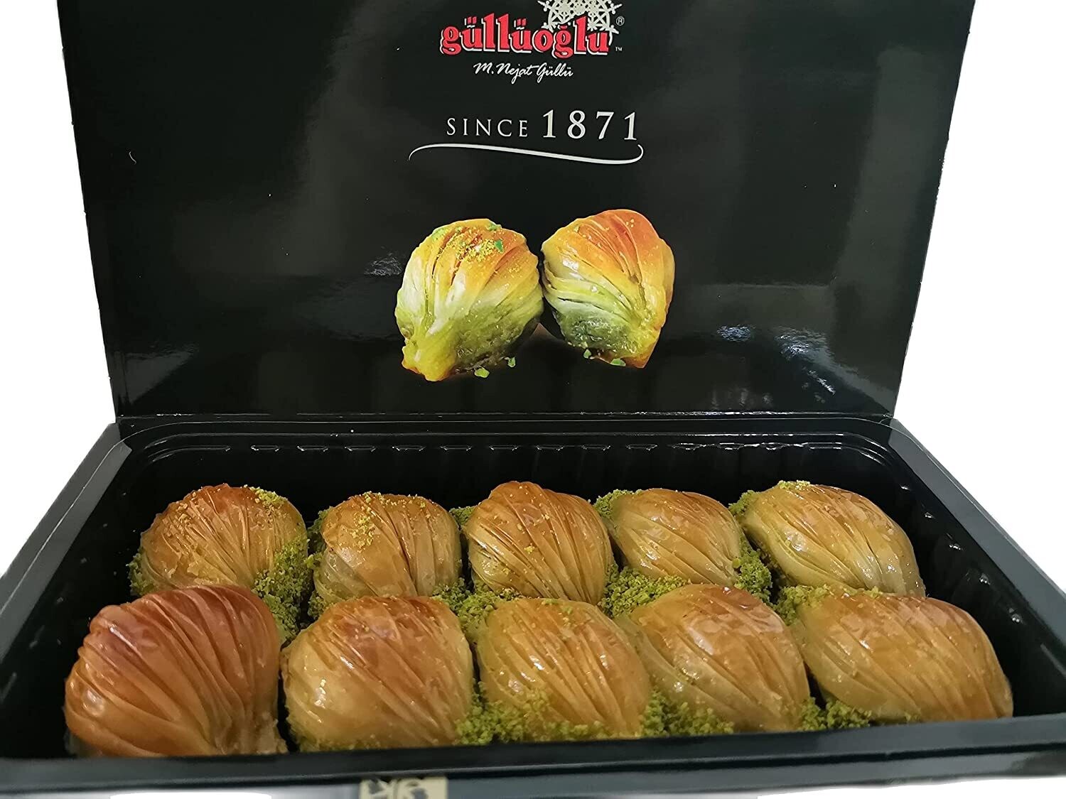 Faruk Gullu Gulluoglu Midye Baklava / Mussel Shape Pictachio Baklava 1lb 454g