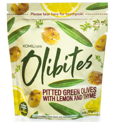 KOMILI PITTED GREEN OLIVES w LEMON AND THYME 30GR