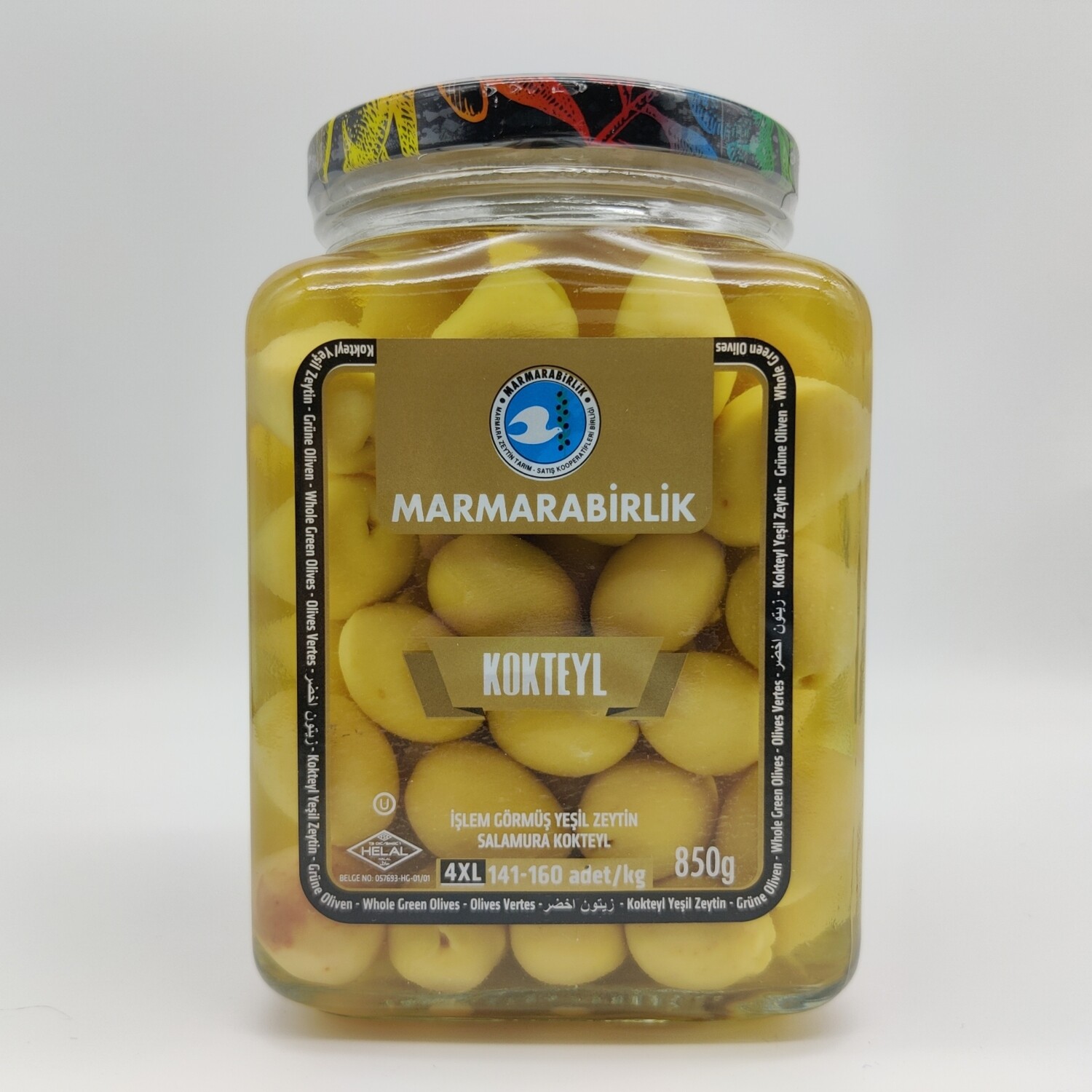 MB Marmara Birlik Green Olives 4XL Whole (Kokteyl 141-160) 850g Glass