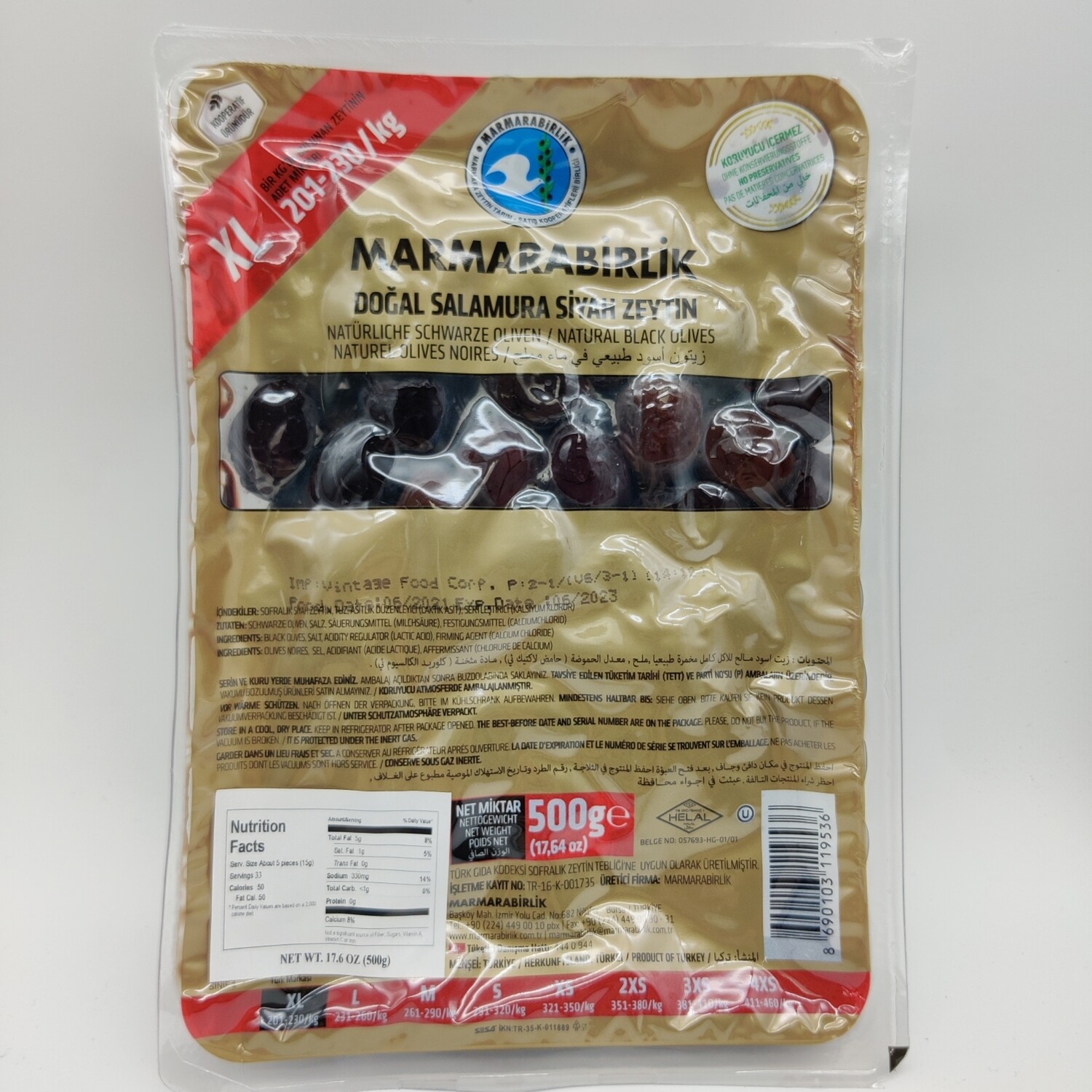 MB Marmara Birlik Gemlik Black Olives XL Mega 500g
